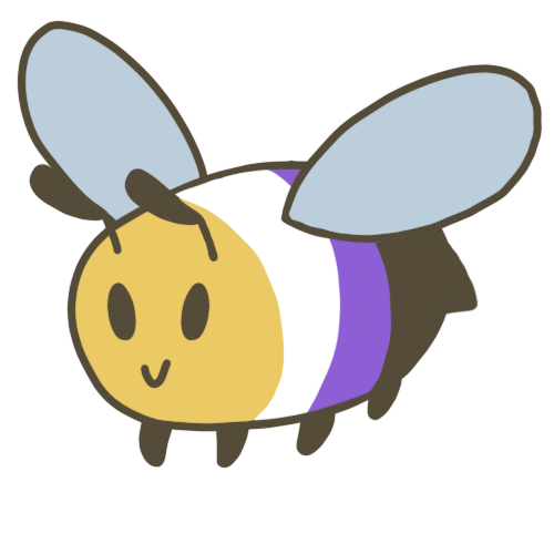  A cartoon style drawing of a bee that’s the non-binary flag colours — yellow, white, purple, and black. 